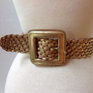 Chico's Gold Basketweave Leather Belt Saddle